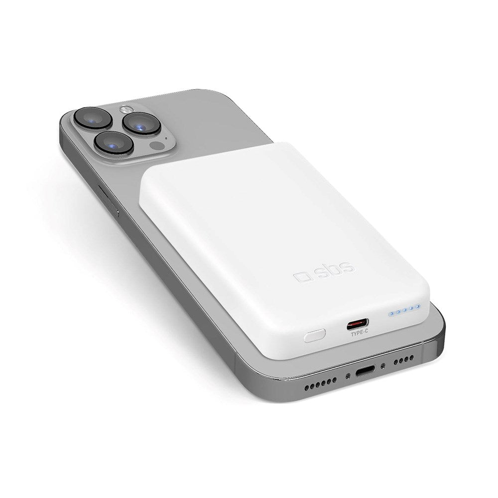 SBS Mag PowerBank 5000 mAh med USB-C og Trådløs Lading - Hvit