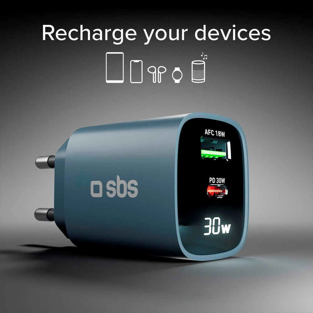 SBS - 30W LCD Vegglader m. 1x USB-A & 1x USB-C - Blå