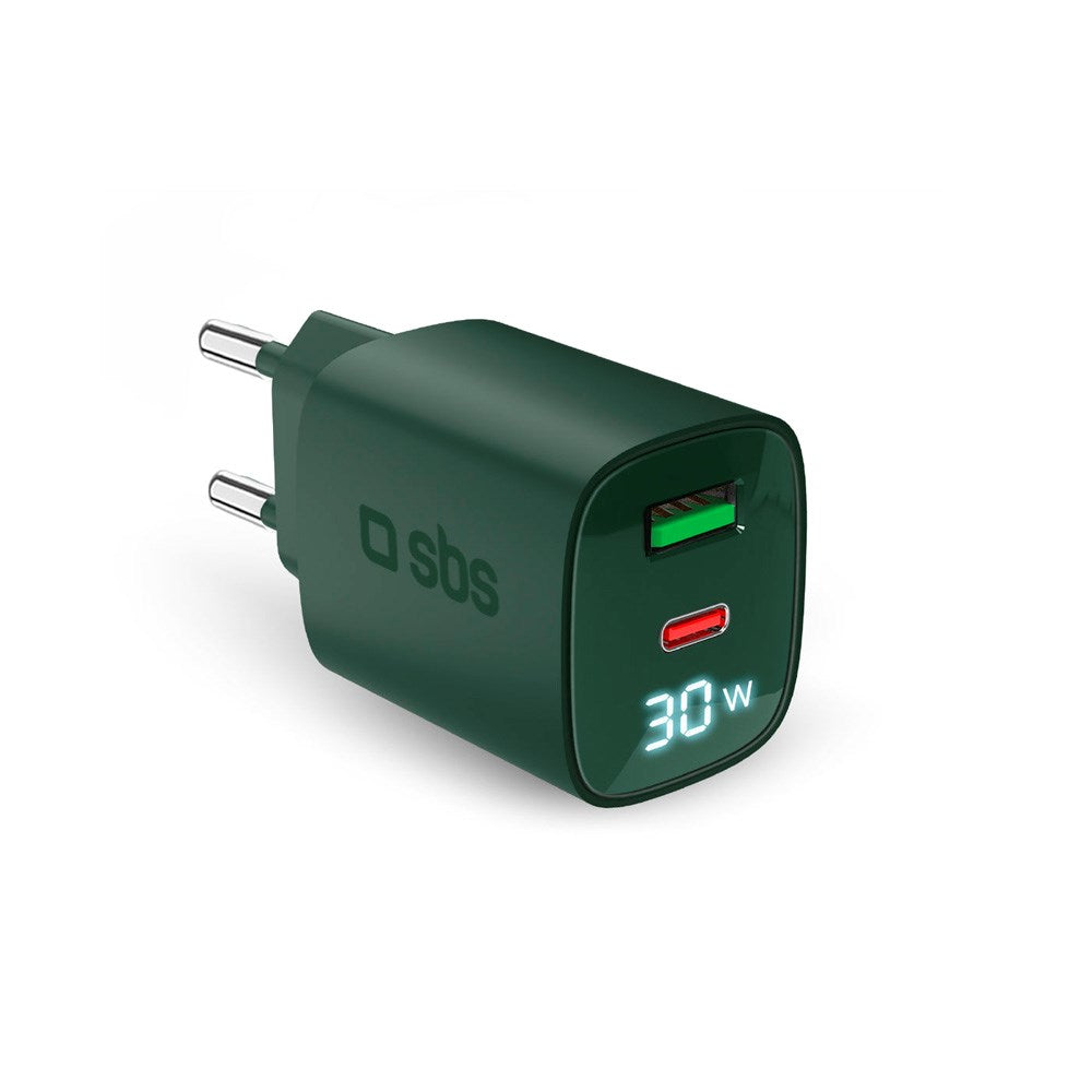 SBS - 30W LCD Vegglader m. 1x USB-A & 1x USB-C - Grønn