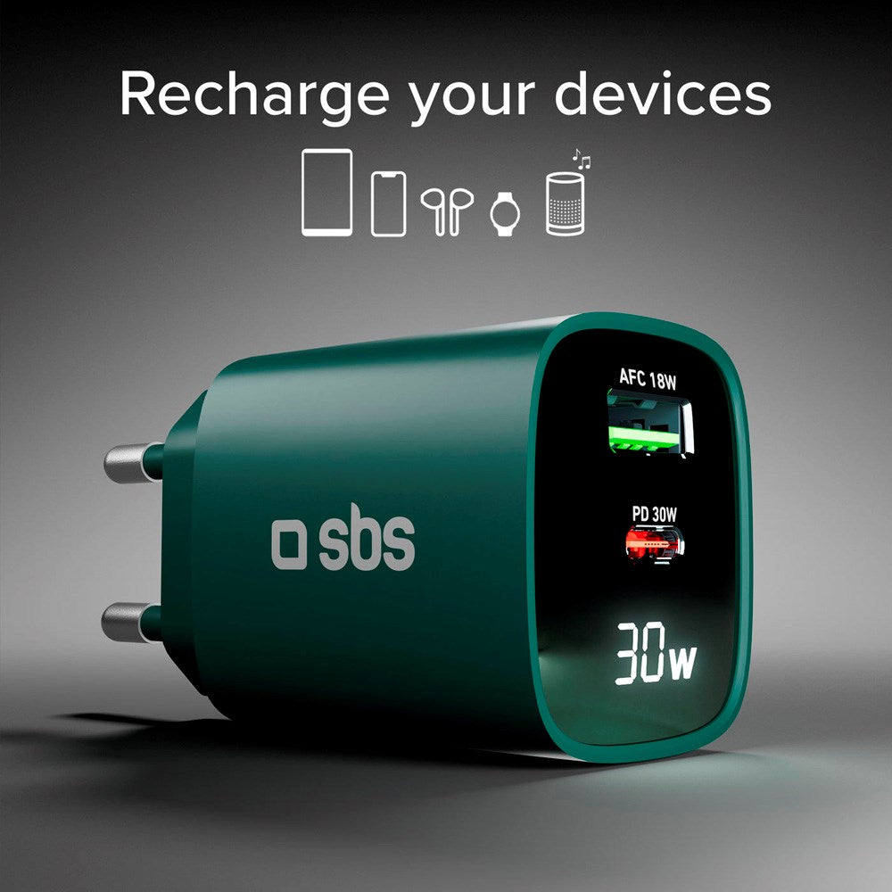 SBS - 30W LCD Vegglader m. 1x USB-A & 1x USB-C - Grønn