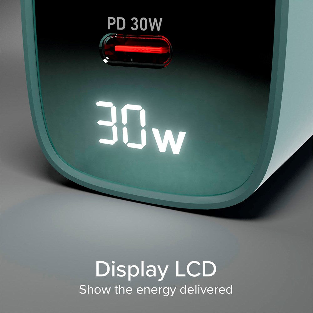 SBS - 30W LCD Vegglader m. 1x USB-A & 1x USB-C - Lysblå