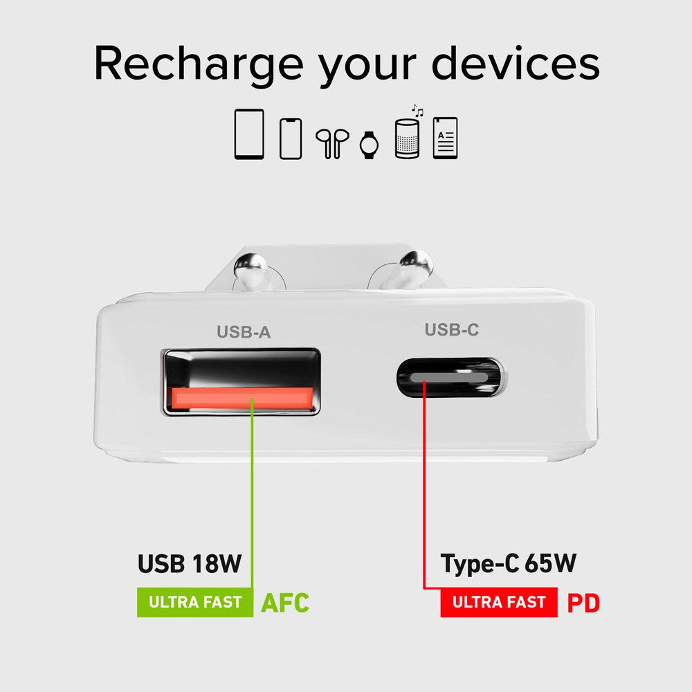 SBS 65W Flexi Sammenleggbar Vegglader m. 1x USB-A & 1x USB-C - Hvit