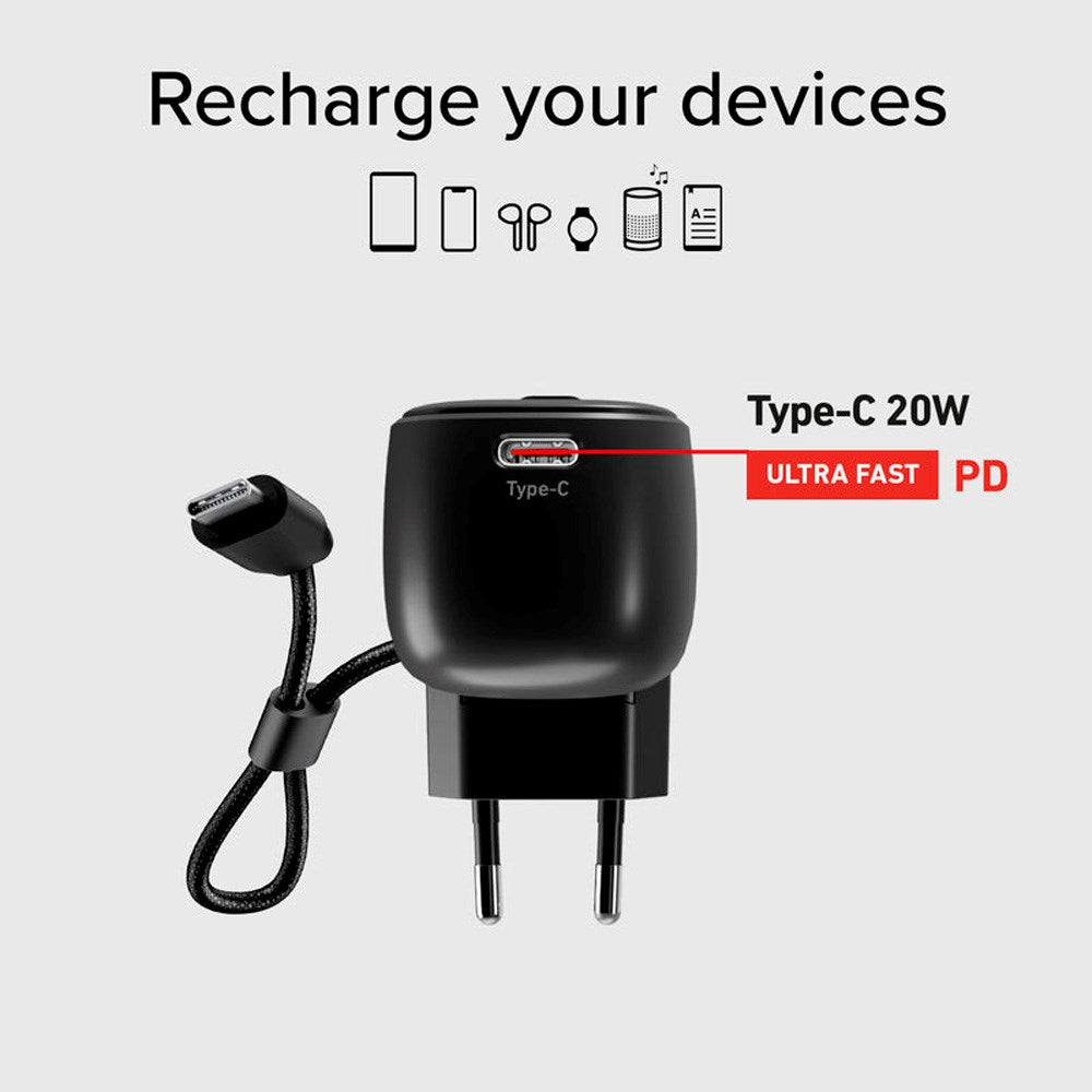 SBS 2-i-1 Hybrid PowerBank & Vegglader m. USB-C Kabel - 5000 mAh / 20W - Svart