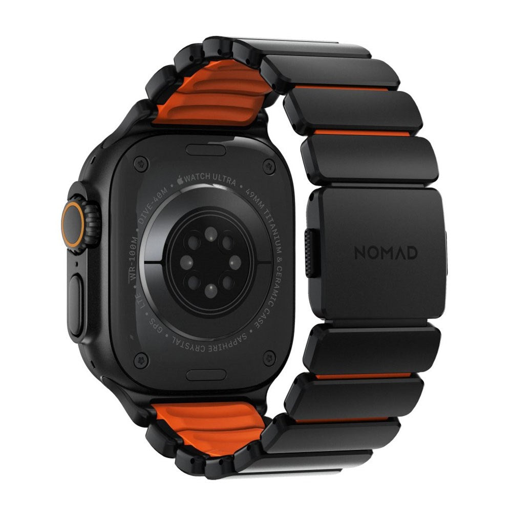 Apple Watch (42 / 44 / SE / 45 / 46 / 49mm) Nomad Stratos Band - Black Titanium - Ultra Orange