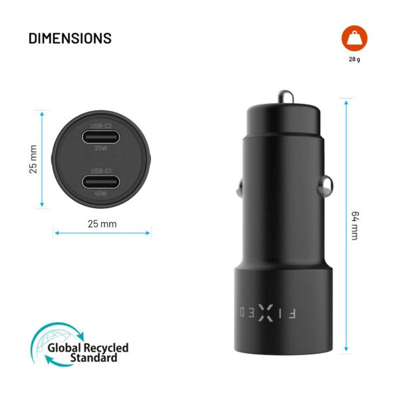 Fixed Billader 65W med 2 x USB-C - Svart