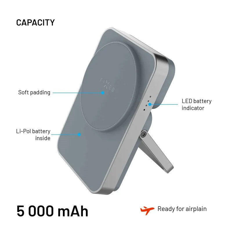 Fixed MagZen 5 20W Qi2 PowerBank m. Stativfunksjon & Apple Watch Lader - MagSafe Kompatibel - 5000 mAh - Grå