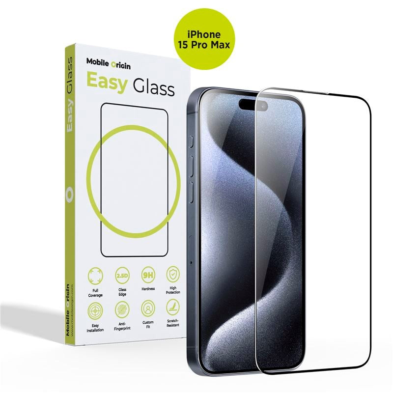 iPhone 15 Pro Max Mobile Origin EasyGlass Skjermbeskytter - Gjennomsiktig / Svart Kant