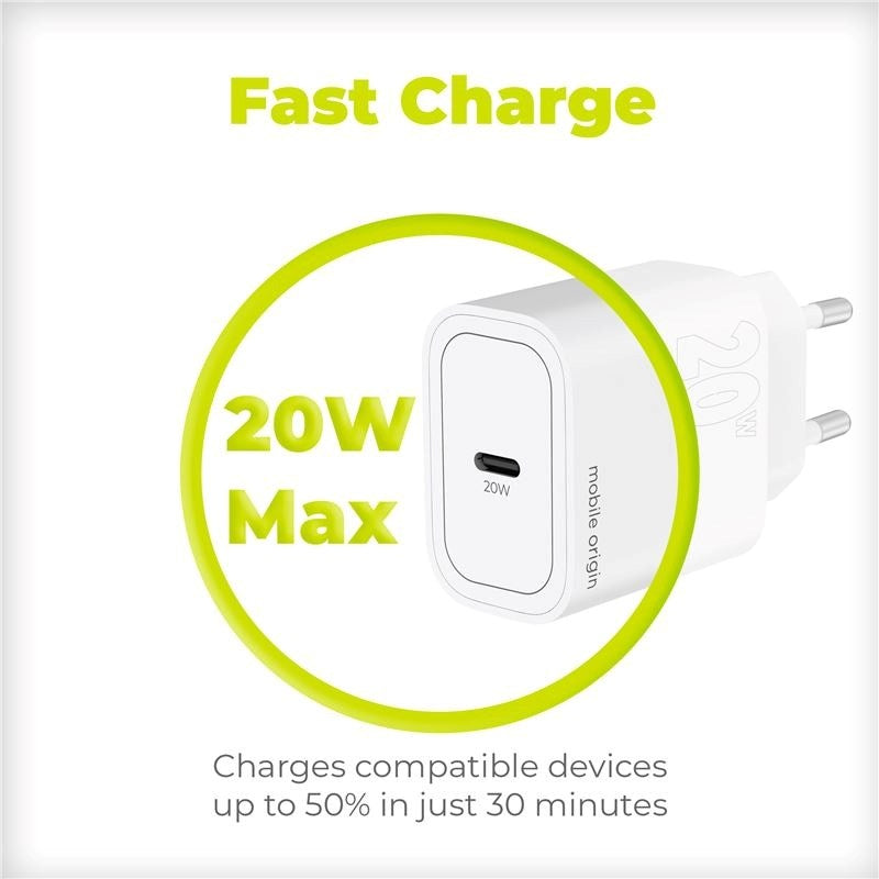 Mobile Origin PD (Power Delivery) 20W Vegglader med USB-C - Hvit