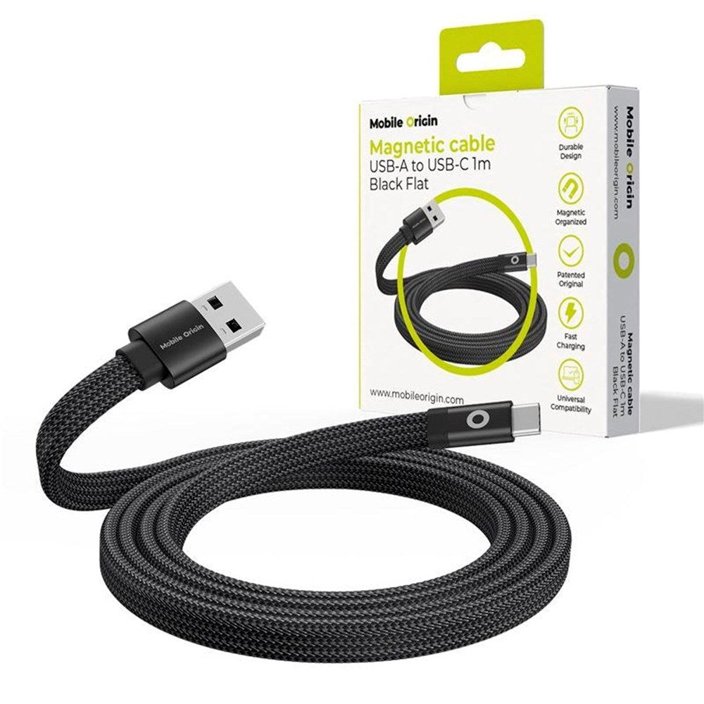 Mobile Origin Flatt Magnetisk USB-A til USB-C Kabel - 1m - Svart