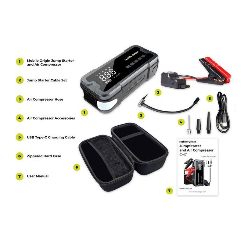 Mobile Origin 2-i-1 Jumpstarter & Kompressor med Tilbehør – Svart