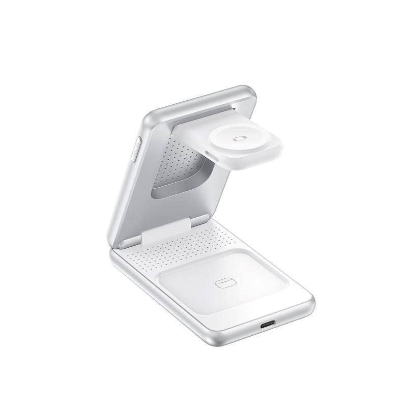 Mobile Origin 3-i-1 Qi2 Sammenleggbar Trådløs Lader for Telefon & Apple Watch & Øretelefoner – Sølv