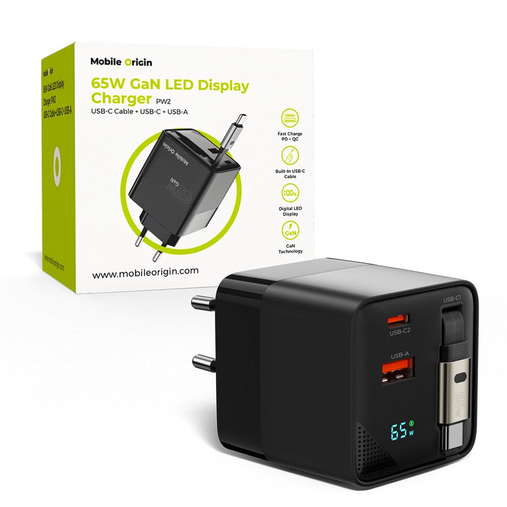 Mobile Origin Display Vegglader m. 1 x USB-A / 1 x USB-C / 1 x Uttrekkbart USB-C Kabel - 65W - Svart