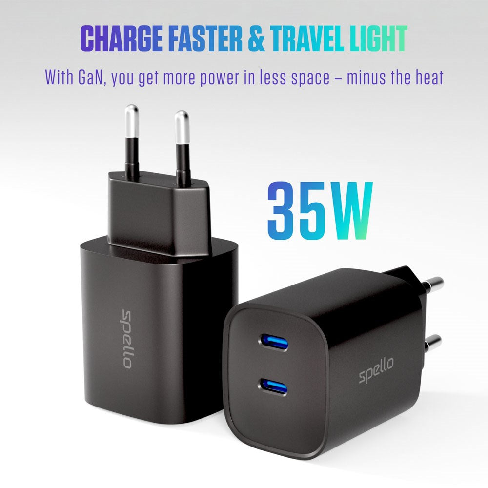 Spello 35W PD (Power Delivery) Väggladdare med 2 x USB-C - Svart