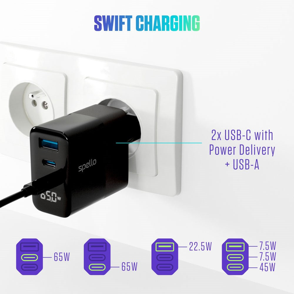 Spello 65W PD (Power Delivery) Väggladdare med 2 x USB-C 1 x USB-A - Svart