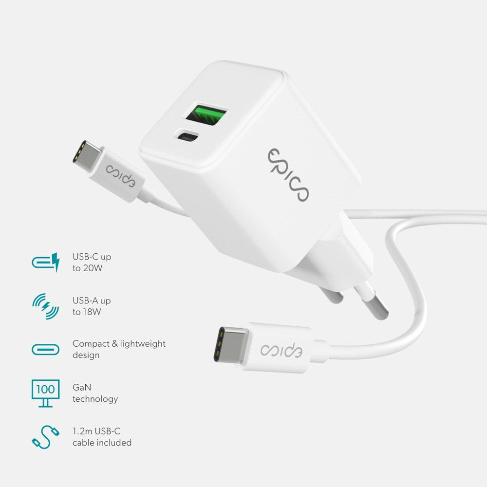 Epico UltraBoost GaN 20W Vegglader m. 1.2m USB-C til USB-C Kabel - 1x USB-C / 1x USB-A - Hvit
