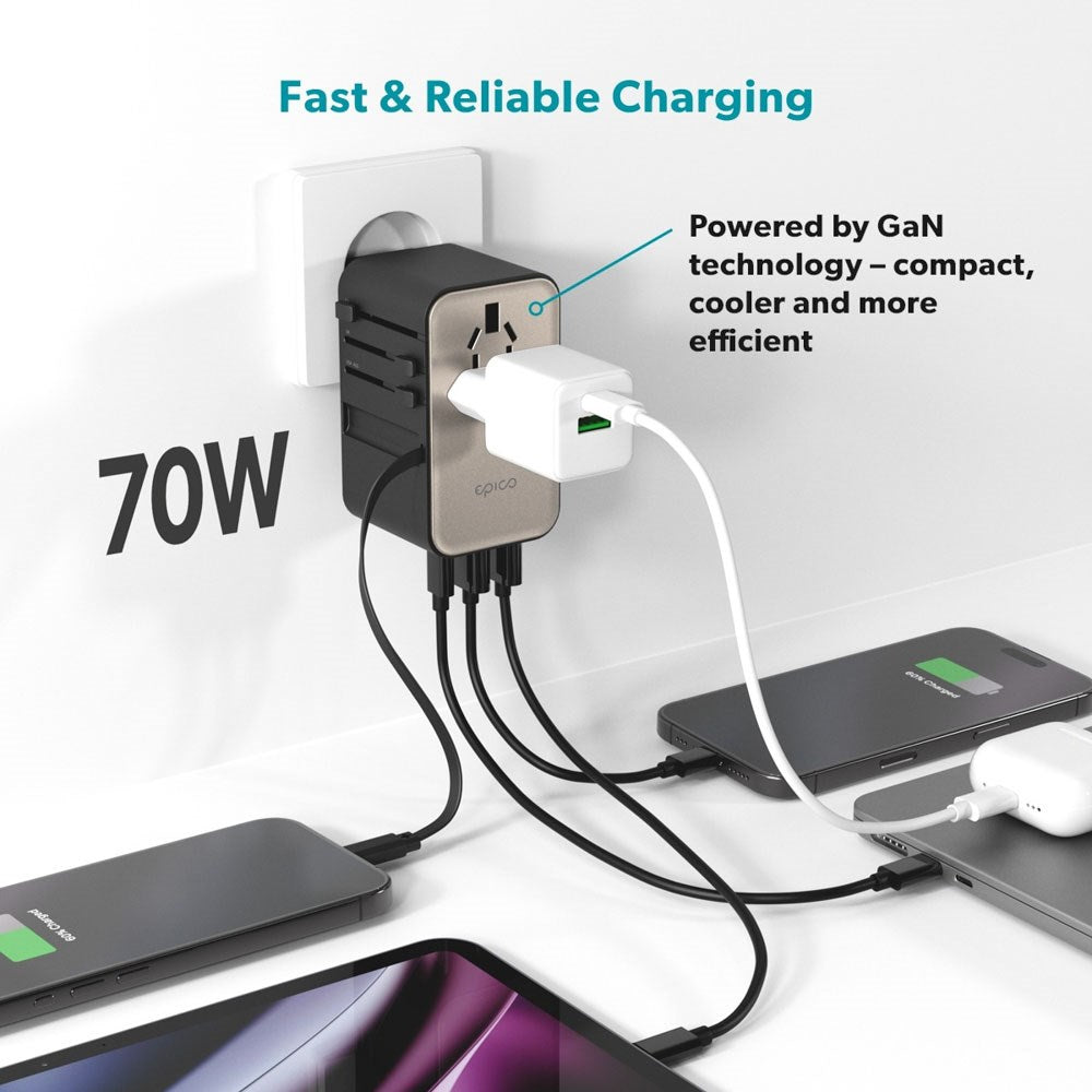 Epico UltraBoost Universal Reiseadapter 70W med 2 x USB-A 1 x USB-C - Titanium
