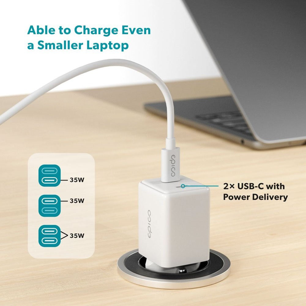 Epico UltraBoost GaN 35W Vegglader m. 1.2m USB-C til USB-C Kabel - 2x USB-C - Hvit