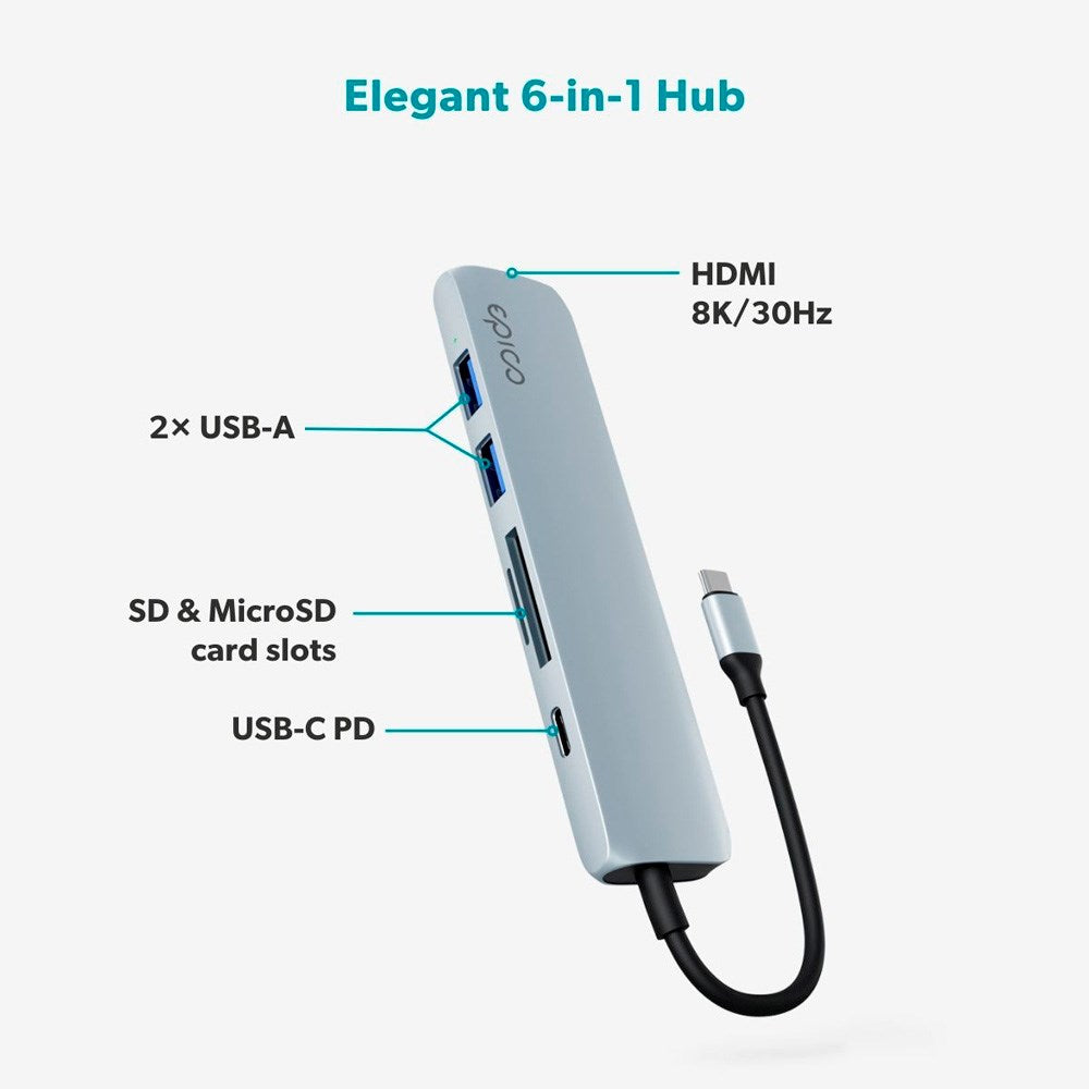 Epico 6-i-1 Aluminium Hub 8K - Sky Blue