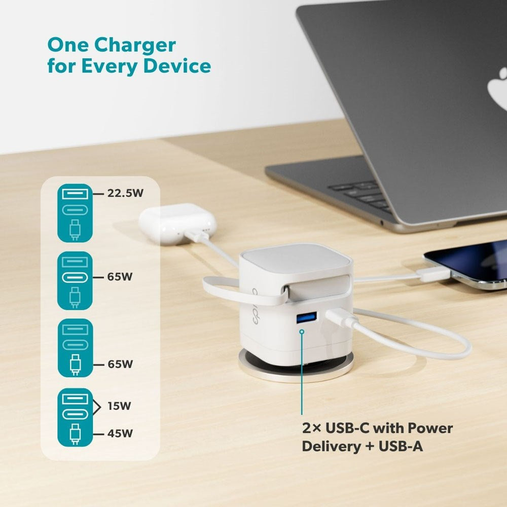 Epico UltraBoost 65W Vegglader m. USB-C / USB-A / Uttrekkbart USB-C Kabel – Hvit