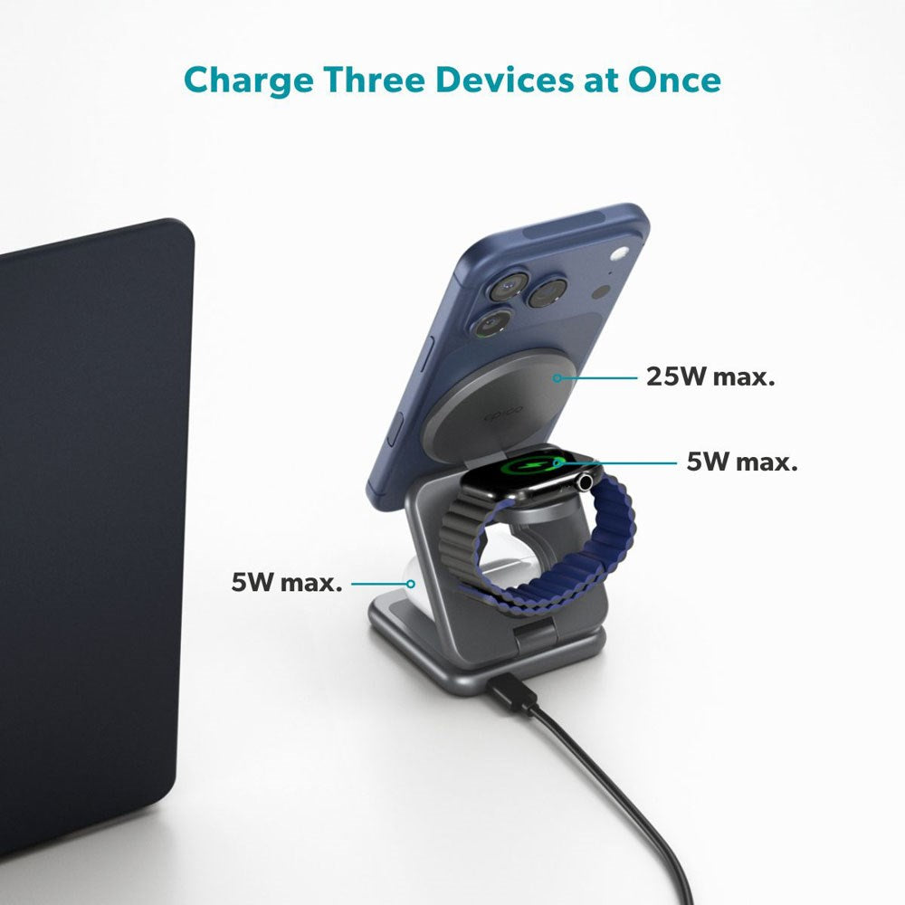 Epico UltraBase EF60 3-i-1 Fold Metal Mag+ Trådløs Lader - 25W - Qi2 / MagSafe Kompatibel - Grå