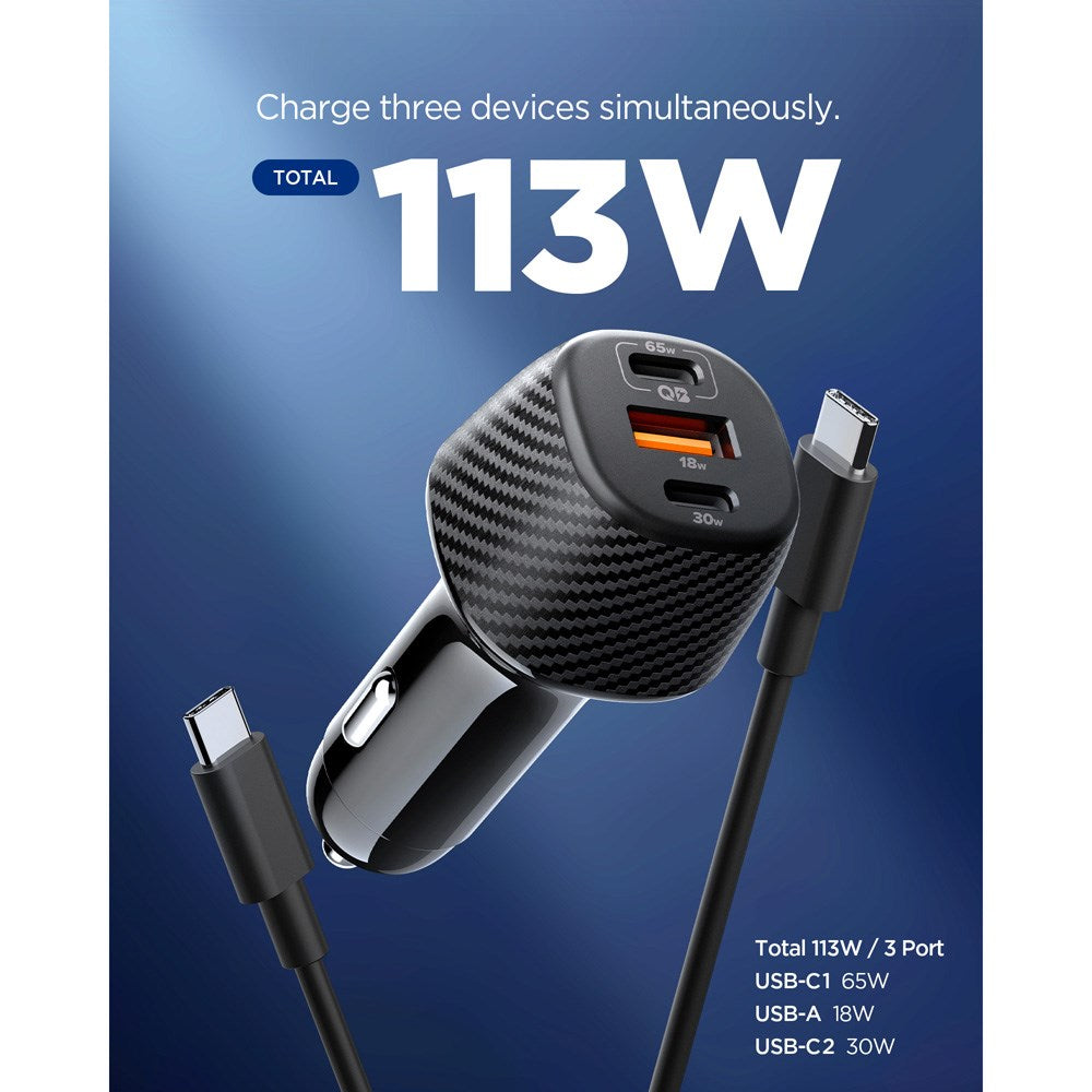 Spigen Essential 113W Biloplader m. 2 x USB-C & 1 x USB-A – Svart