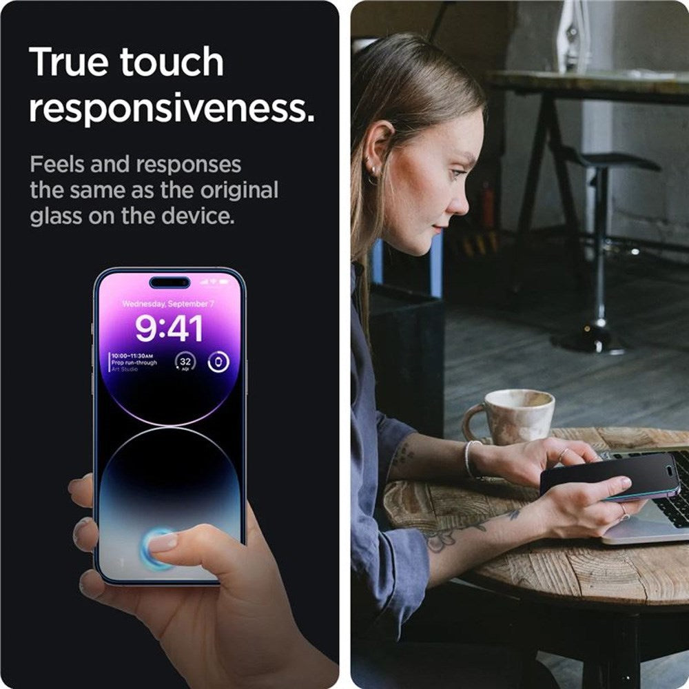 iPhone 14 Pro Spigen Privacy EZ Fit Glass Skjermbeskytter - 2 stk - Privacy Funksjon - Gjennomsiktig