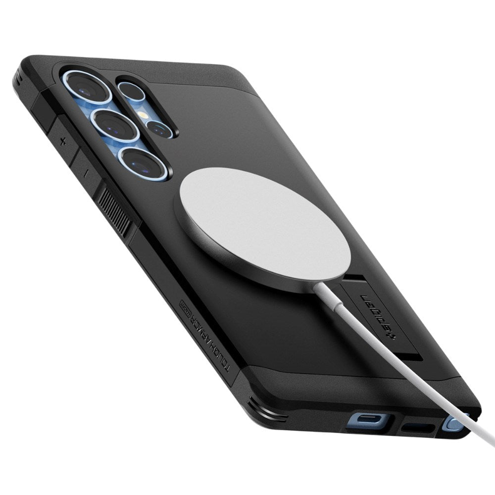 Samsung Galaxy S25 Ultra Spigen Tough Armor Hybrid Deksel m. Stativfunksjon - MagSafe Kompatibel - Svart