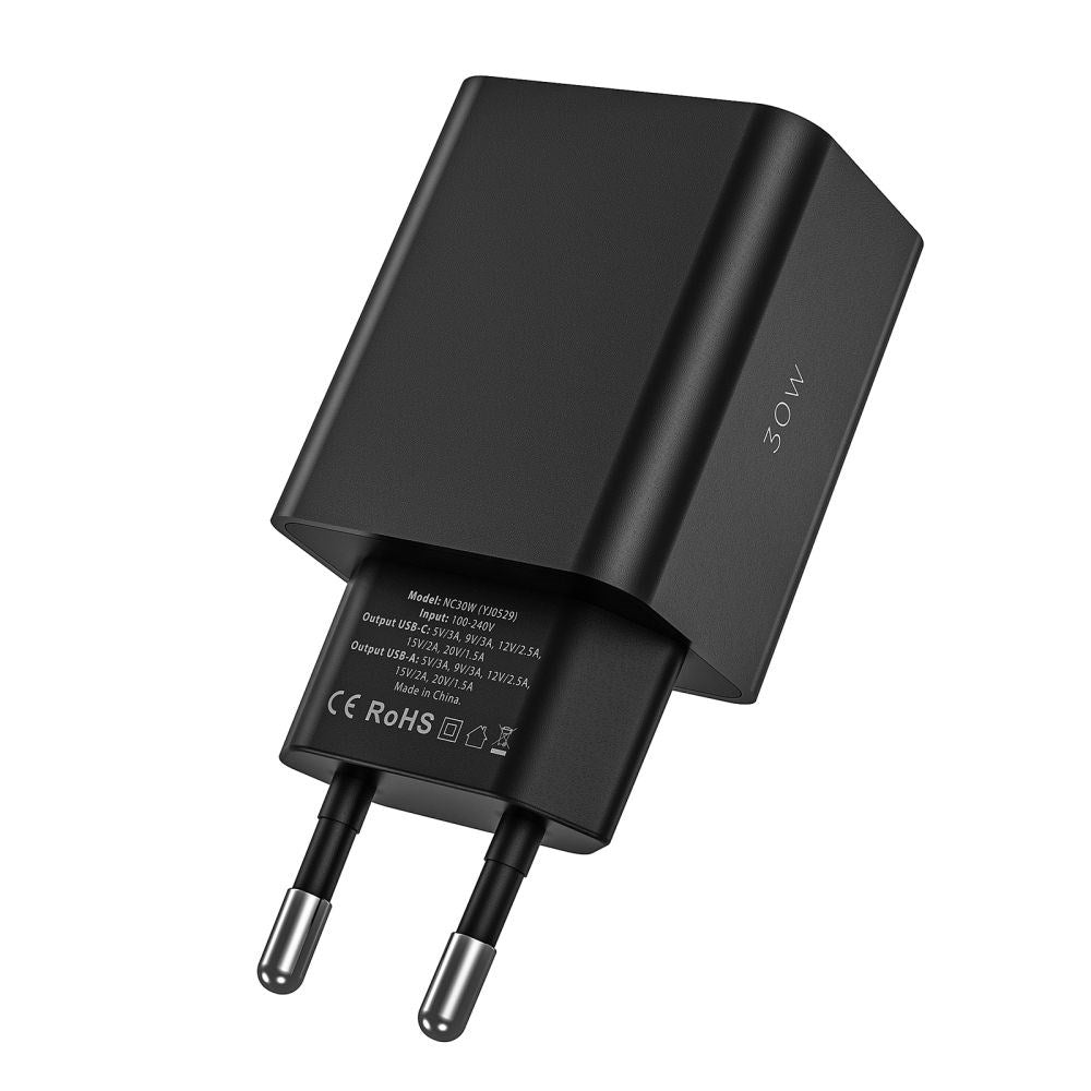 Tech-Protect 30W Vegglader med 1 x USB-A QC og 1 x USB-C PD - Svart