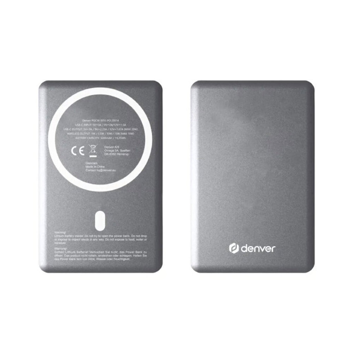 Denver PQCW-5015 15W Trådløs PowerBank - 5000 mAh - MagSafe Kompatibel - Grå