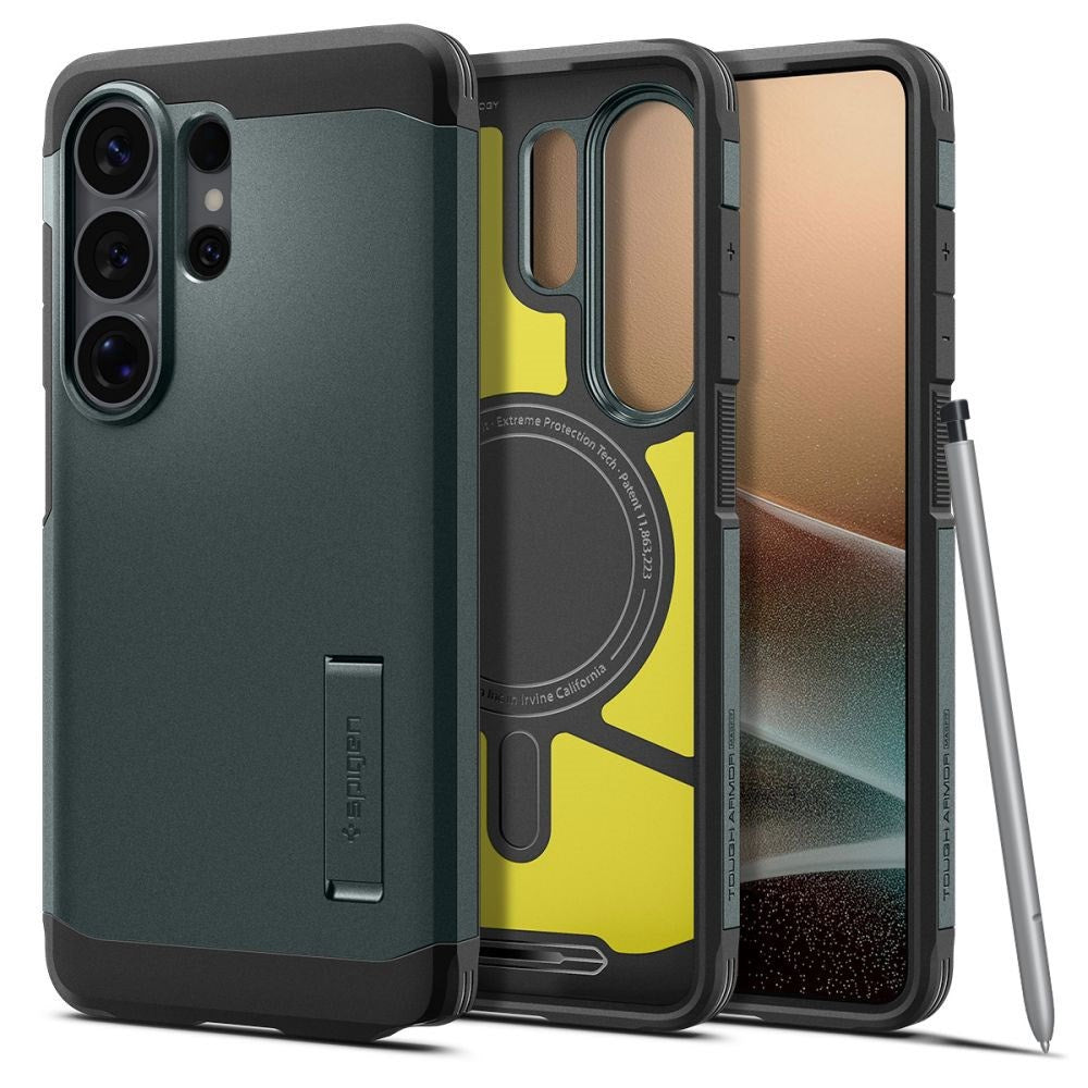 Samsung Galaxy S26 Ultra Spigen Tough Armor Hybrid Deksel m. Stativfunksjon - MagSafe Kompatibel - Grønn