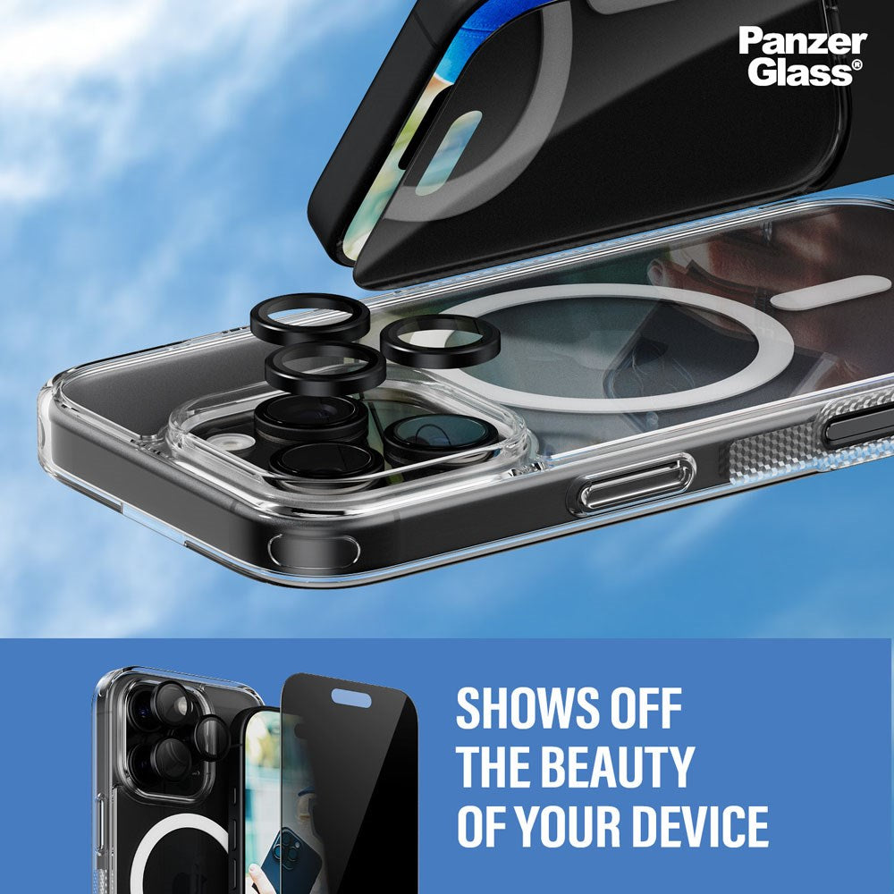 iPhone 16 Pro PanzerGlass 3-i-1 Bundle m. EasyAligner - Privacy Skjermbeskyttelse (UWF) / Deksel / Kamerabeskyttelse - Gjennomsiktig / Svart