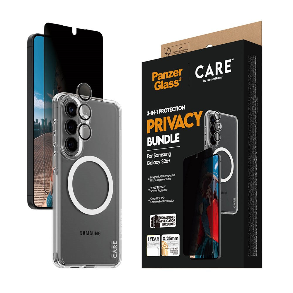 Samsung Galaxy S26+ (Plus) Urban Combat 3-in-1 Privacy Bundle med Deksel / Skjermbeskyttelse (Privacy) / Kamerabeskyttelse - Qi Kompatibel - Gjennomsiktig