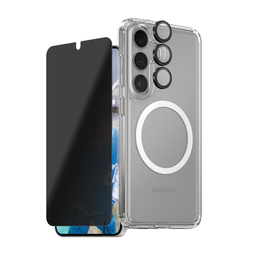 CARE by PanzerGlass Samsung Galaxy S25+ (Plus) 3-i-1 FLAGSHIP Bundle - Deksel / Privacy Skjermbeskyttelse (UWF) / Kamerabeskyttelse - Gjennomsiktig / Svart