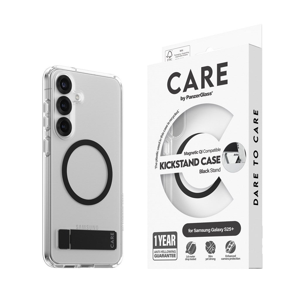 CARE by PanzerGlass Samsung Galaxy S25+ (Plus) Feature Kickstand Deksel - Qi Kompatibel - Transparent / Black