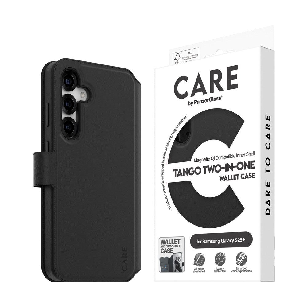 CARE by PanzerGlass Samsung Galaxy S25+ (Plus) Feature Tango 2-in-1 Deksel med Lommebok - Qi Kompatibel - Svart