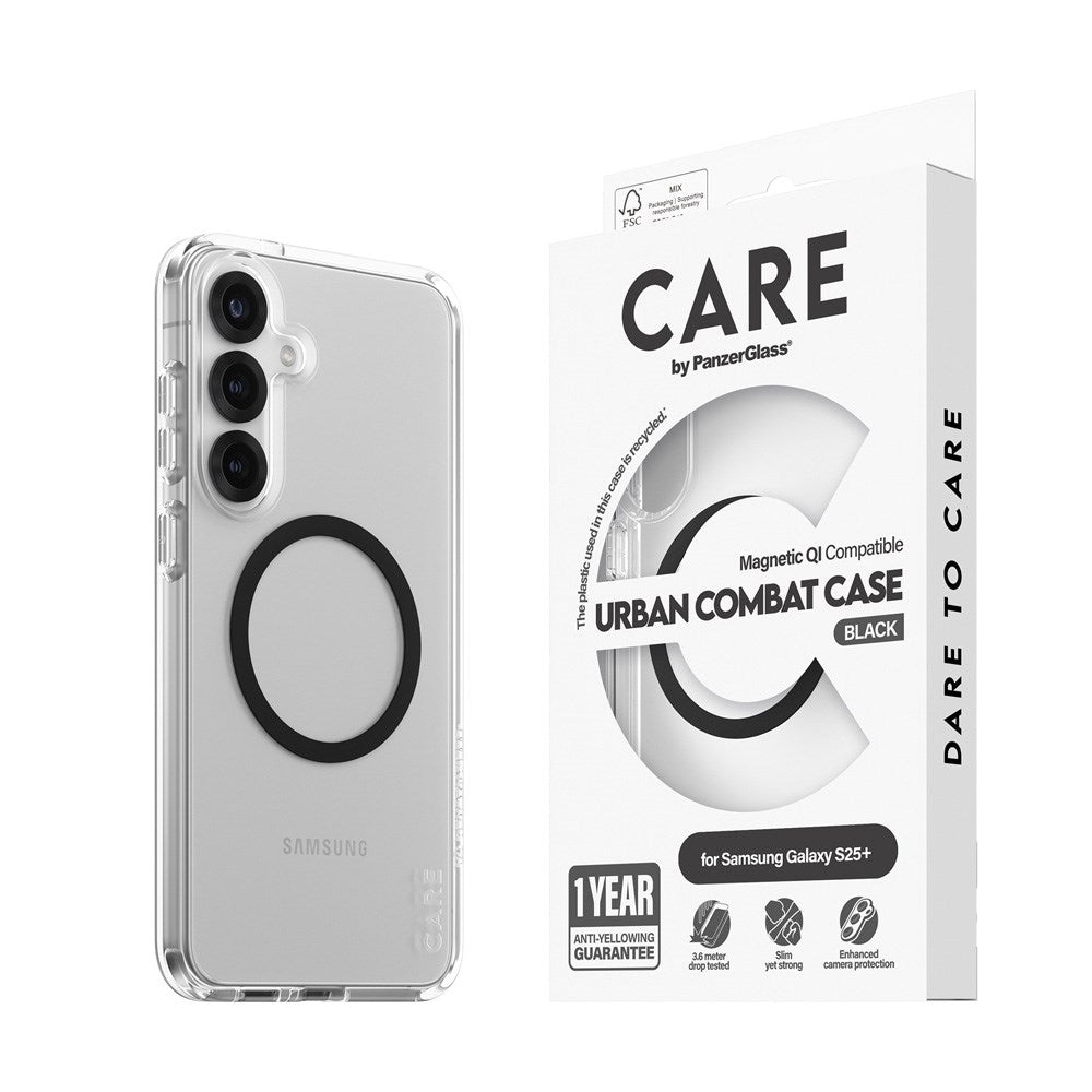 CARE by PanzerGlass Samsung Galaxy S25+ (Plus) FLAGSHIP Urban Combat Deksel - Qi Kompatibel - Gjennomsiktig / Black