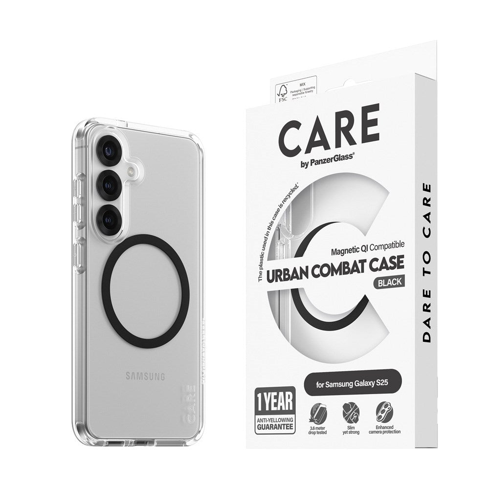 CARE by PanzerGlass Samsung Galaxy S25 FLAGSHIP Urban Combat Deksel - Qi Kompatibel - Gjennomsiktig / Black