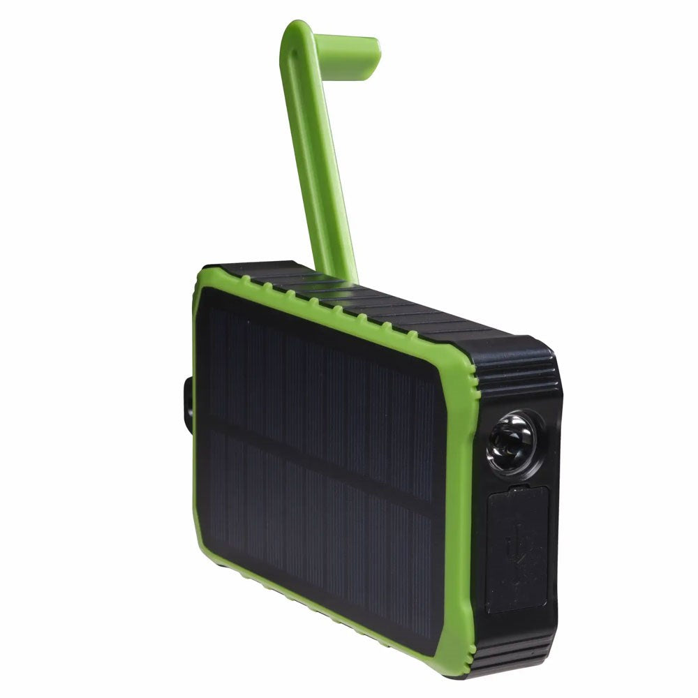 Denver PSO-10012 Solcelle Powerbank m. Håndsveiv & Lommelykt - 10.000 mAh - Svart / Grønn