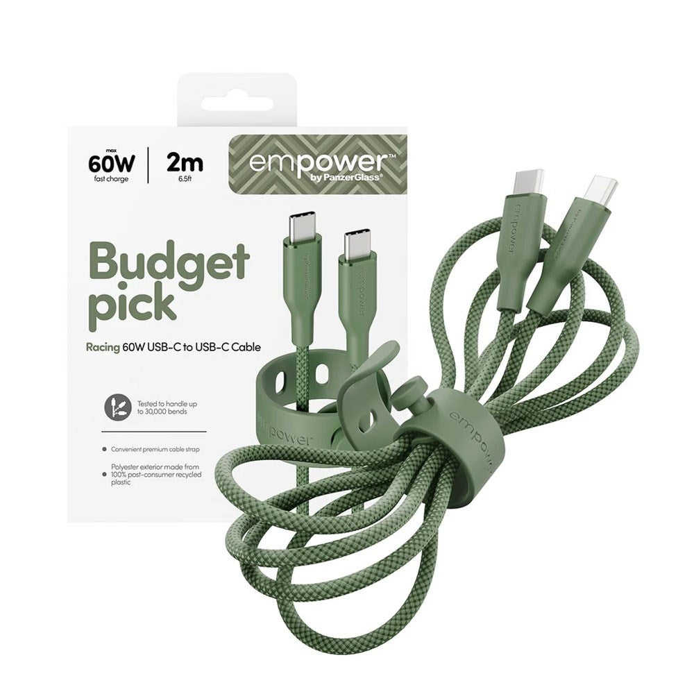 empower by PanzerGlass Racing 60W USB-C til USB-C Kabel – 2m – Sage