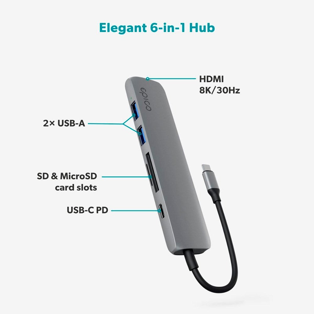 Epico 6-i-1 USB-C Adapter – Aluminium Design med 8K Oppløsning - Space Grey