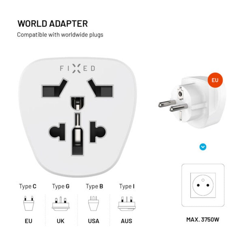 Fixed Reiseadapter for EU / UK / USA / AUS - Hvit