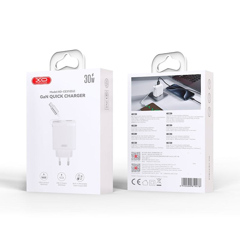 XO 30W Vegglader 1 x USB-C 1 x USB-A med Uttrekkbar USB-C-Kabel - Hvit
