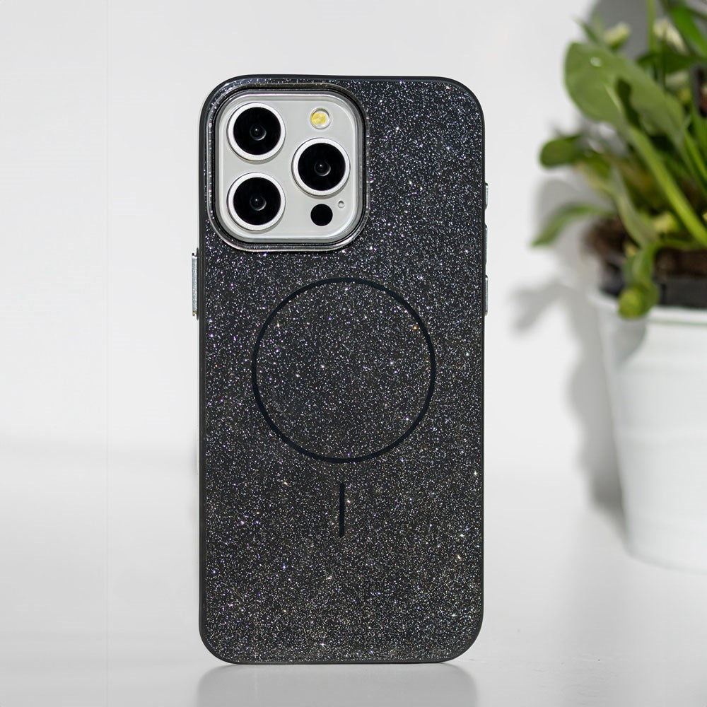 iPhone 15 Glitter Thin Deksel - MagSafe Kompatibel - Svart