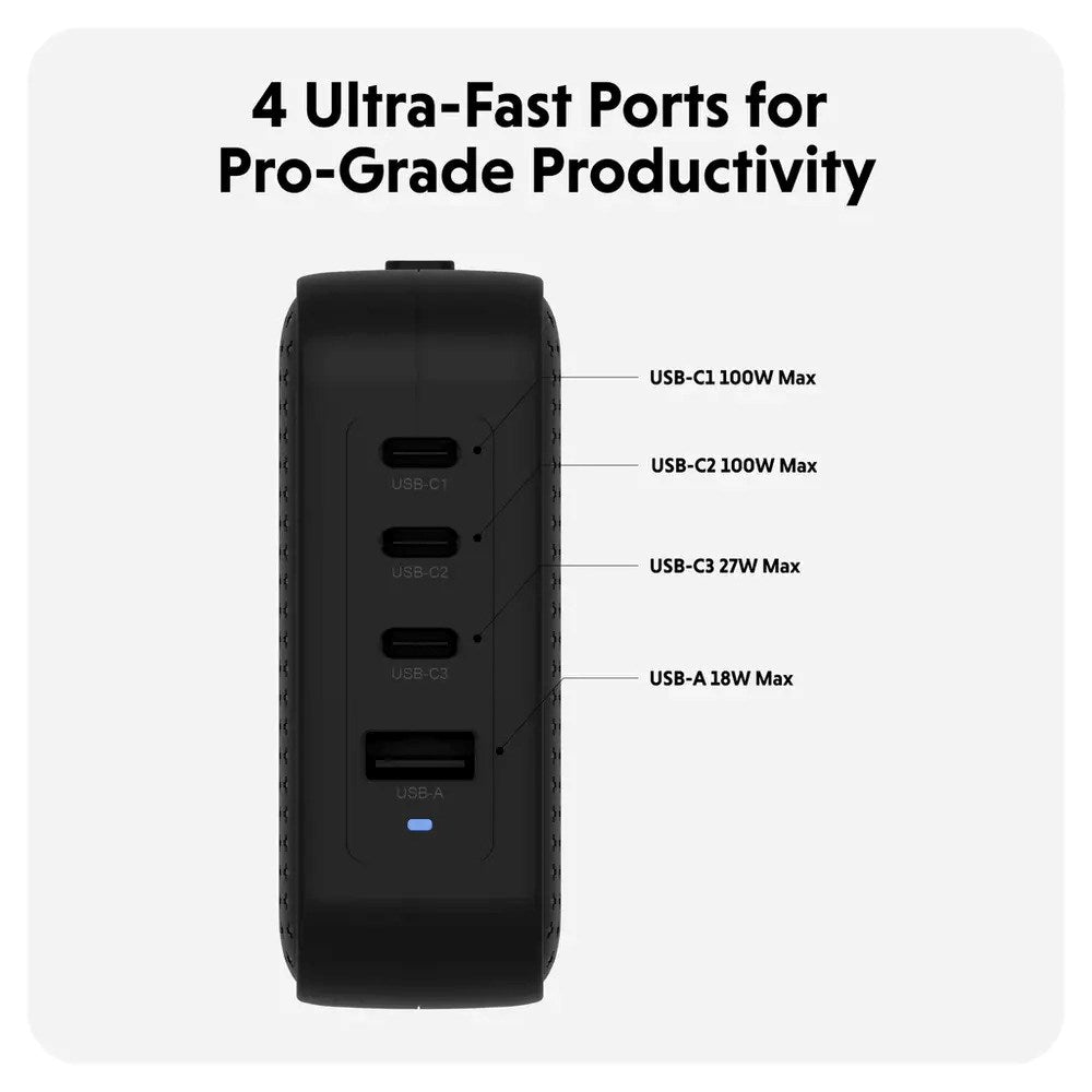 Targus HyperJuice 100W Reiselader m. 1x USB-A & 3x USB-C - inkl. 4x Adapterplugger - Svart