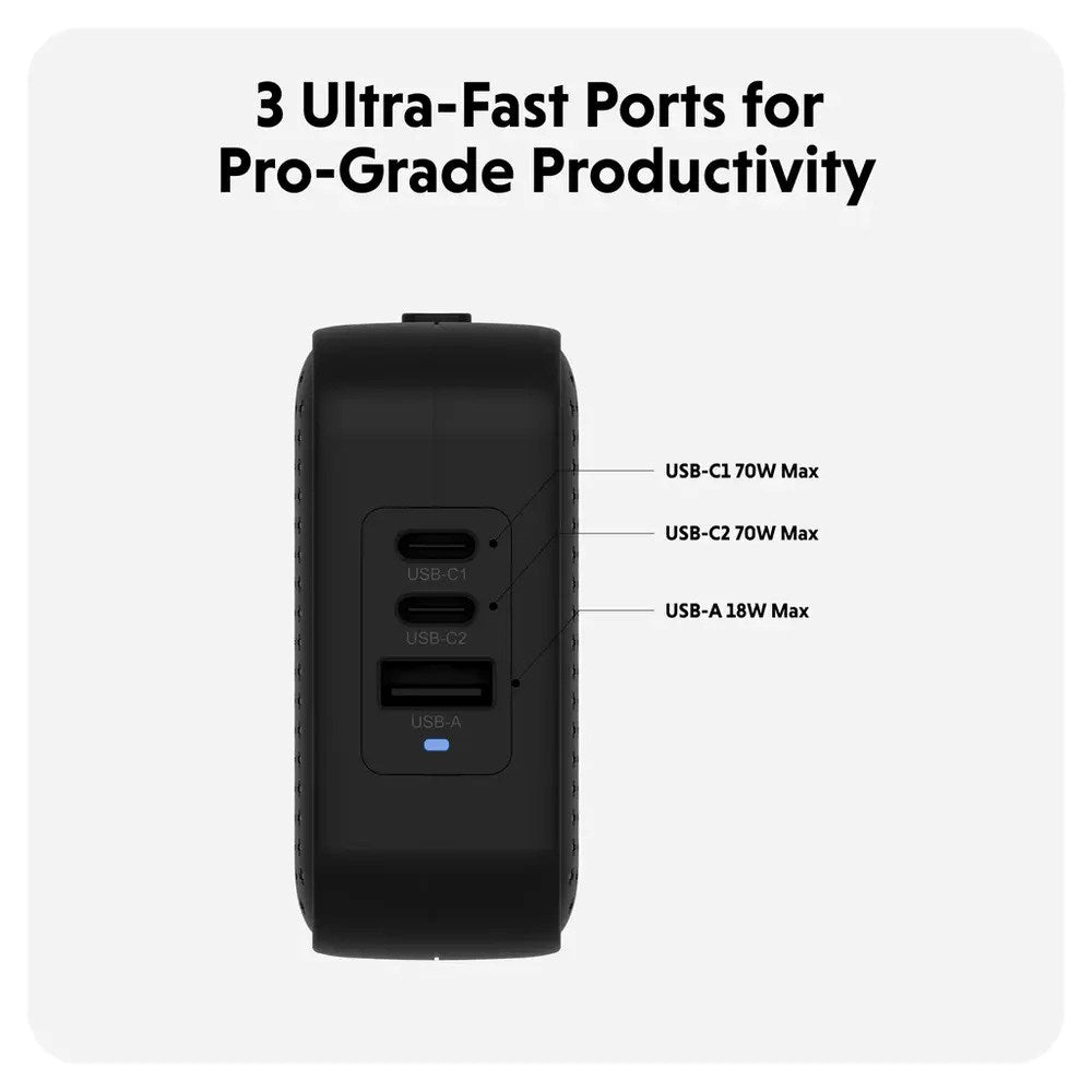 Targus HyperJuice 70W Reiselader m. 1x USB-A & 2x USB-C - inkl. 4x Adapterplugger - Svart