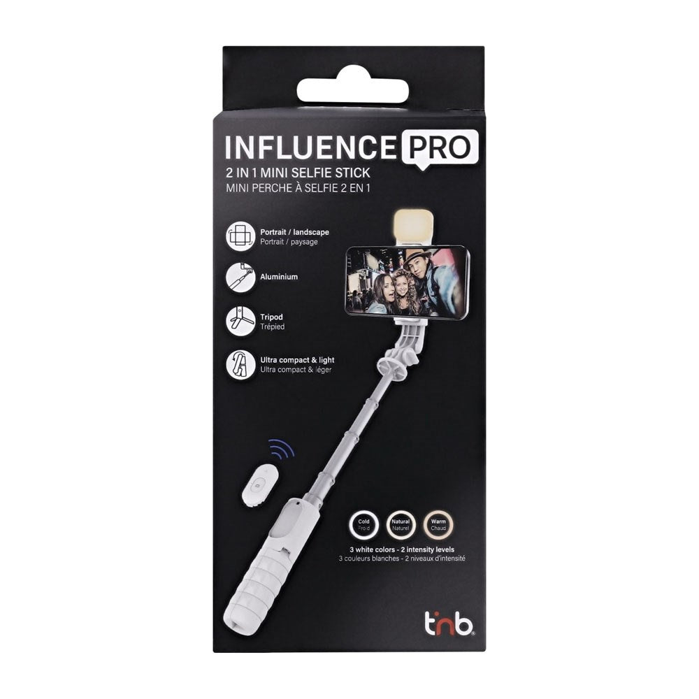 T'NB Influence Pro 2-i-1 Selfie Stick med Stativfunksjon og LED-Lys - Hvit