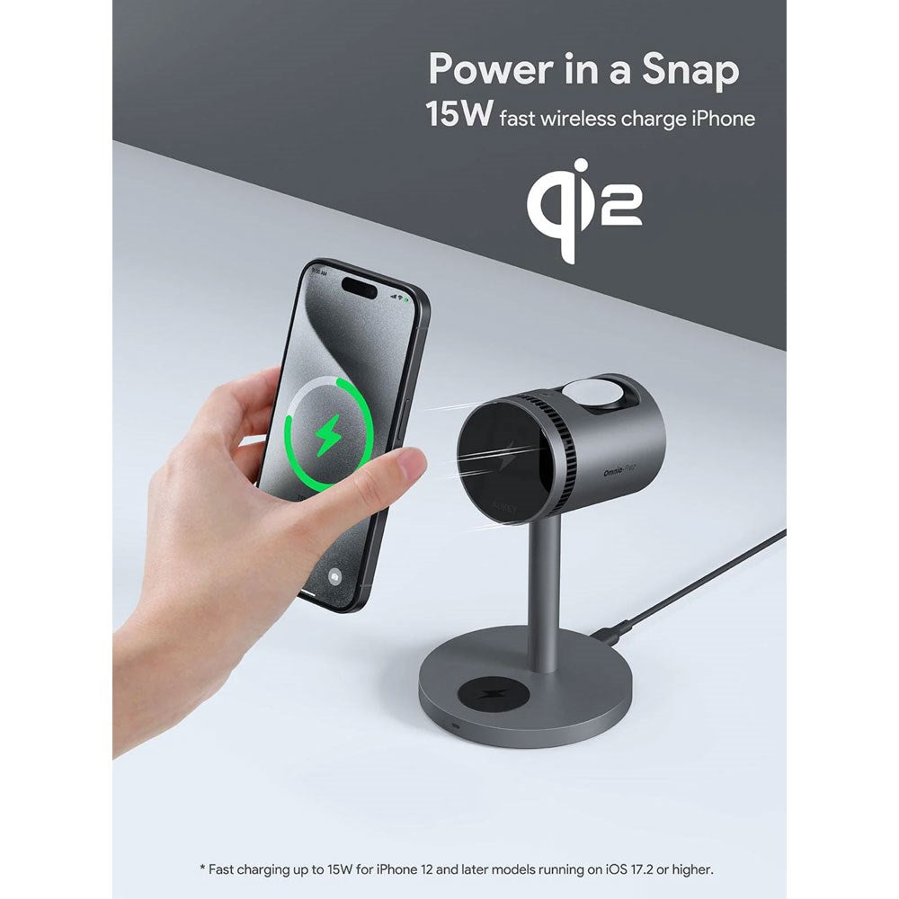 Aukey MagFusion 3-i-1 15W Trådløs Lader for Smarttelefon / Apple Watch / AirPods - MagSafe / Qi2 Kompatibel - Grå