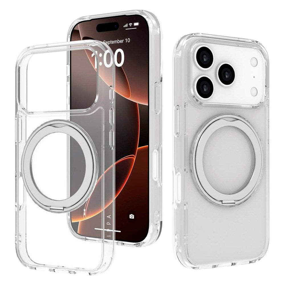 iPhone 17 Pro Lippa Hybrid Plast Deksel m. 360 Roterende Kickstand - MagSafe Kompatibel - Gjennomsiktig / Sølv