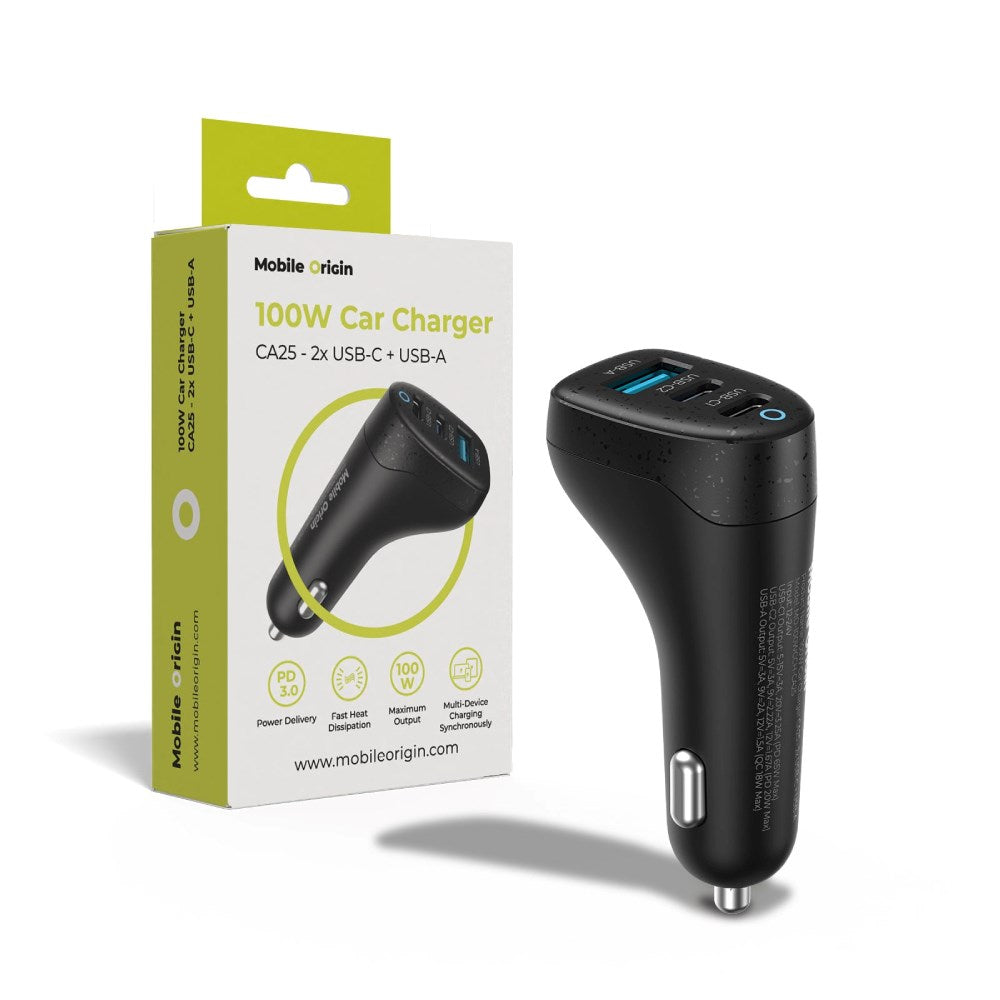 Bilopplader Mobile Origin 100W med 2 X USB-C + 1 X USB-A - Svart