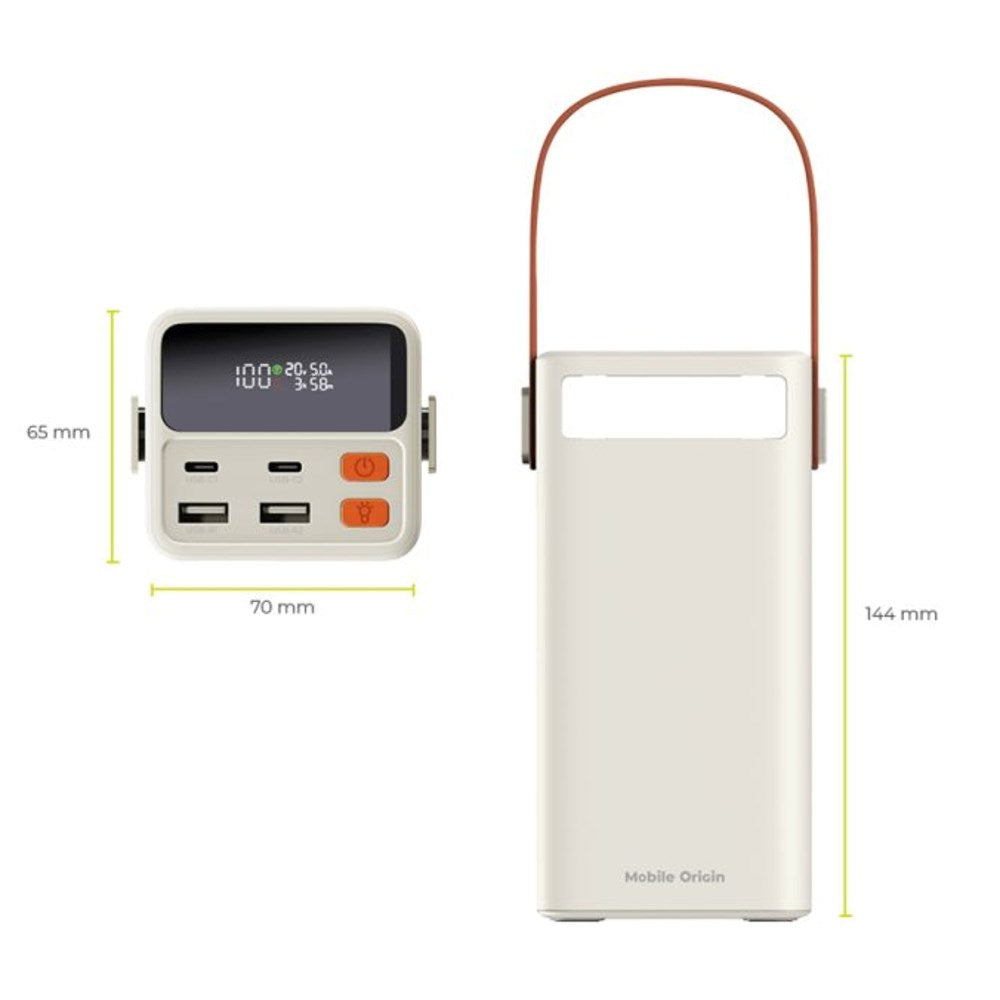 Mobile Origin 50 000 mAh Utendørs Powerbank med 65W - 2 x USB-C - 2 x USB-A - Lommelykt - Håndtak - Hvit